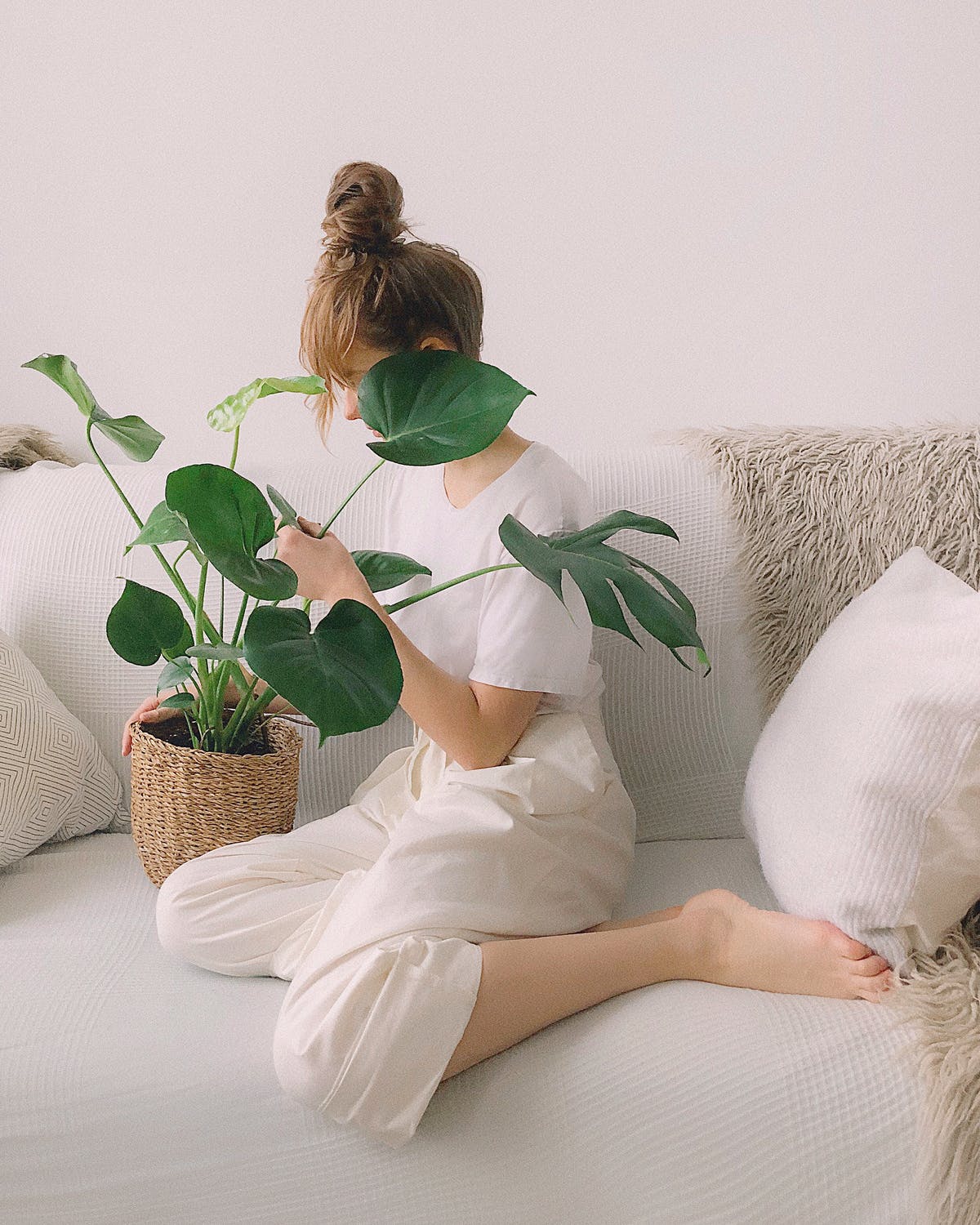 Woman on sofa with Monstera plant